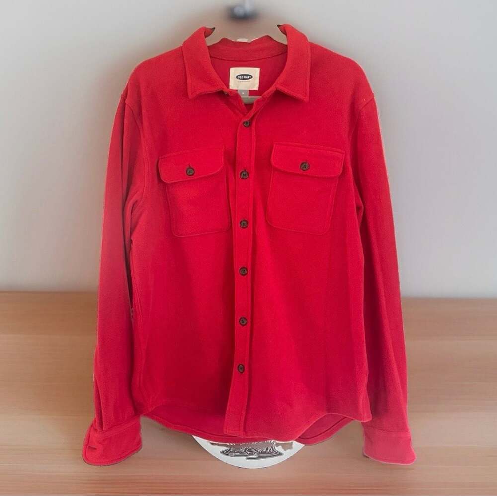 Old Navy Mens Red Fleece Button Up Long Sleeve Shirt